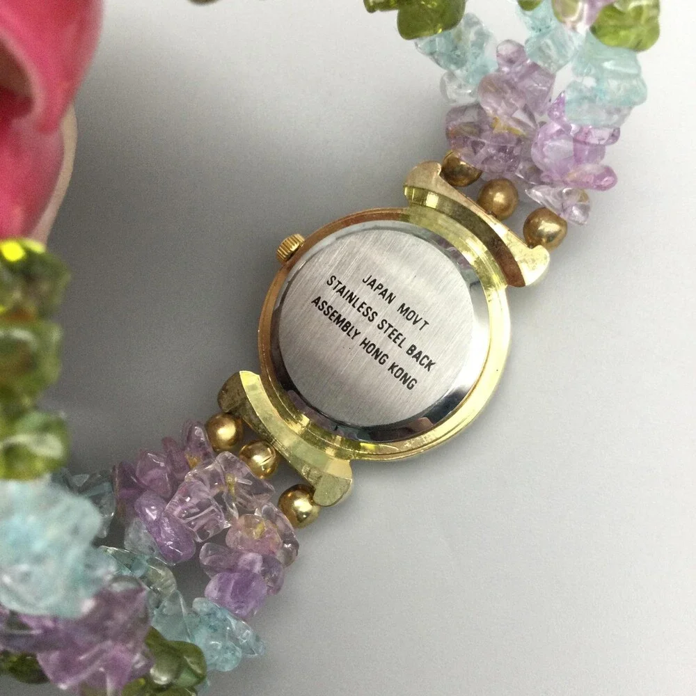 Prestige Womens Watch 25mm Gold Tone Crystals Beaded Gem Band New Battery 6.5